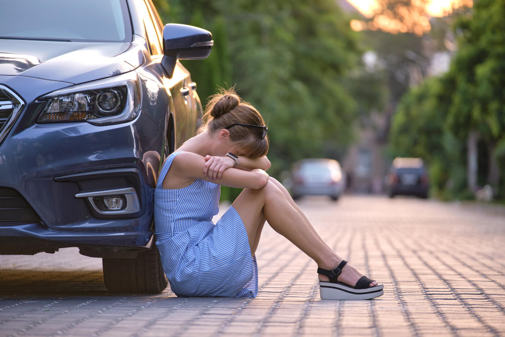 image of a teen with her head down sitting next to her car in an auto accident in the summer