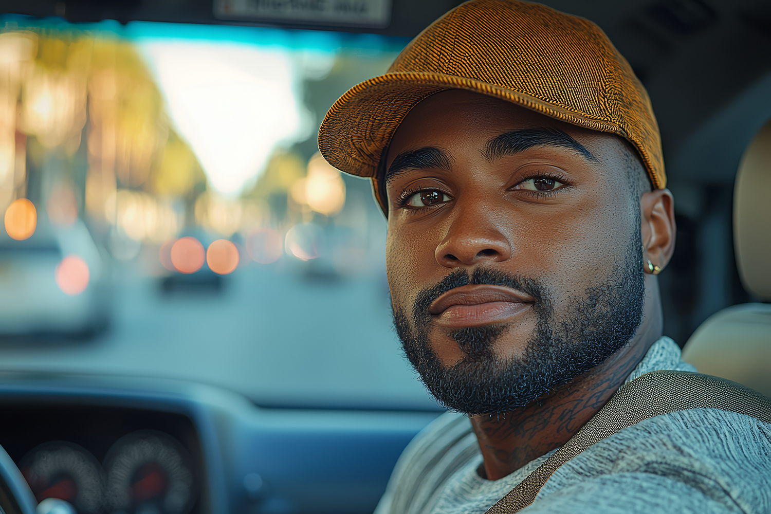 Uber or Lyft passenger looking at the viewer inside the vehicle