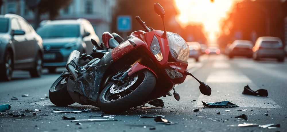 crashed red motorcycle on a city street, motorcycle accidents