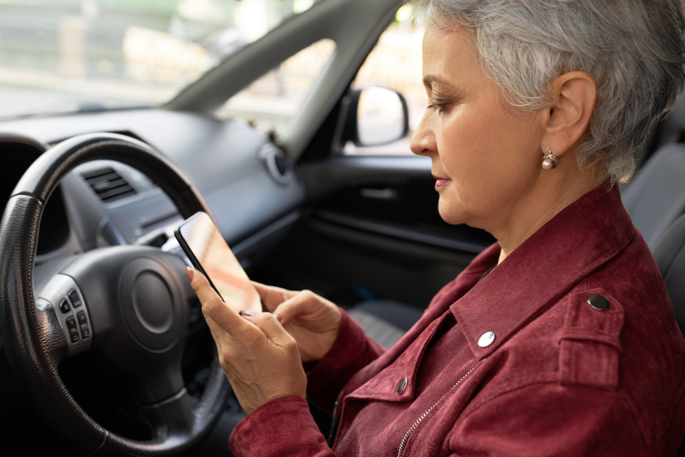older woman in risky driving behavior looking at her cellphone in the car