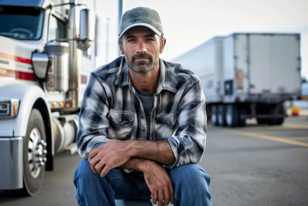 image of a crouching truck driver with fatigue on the side of the road looking at the viewer