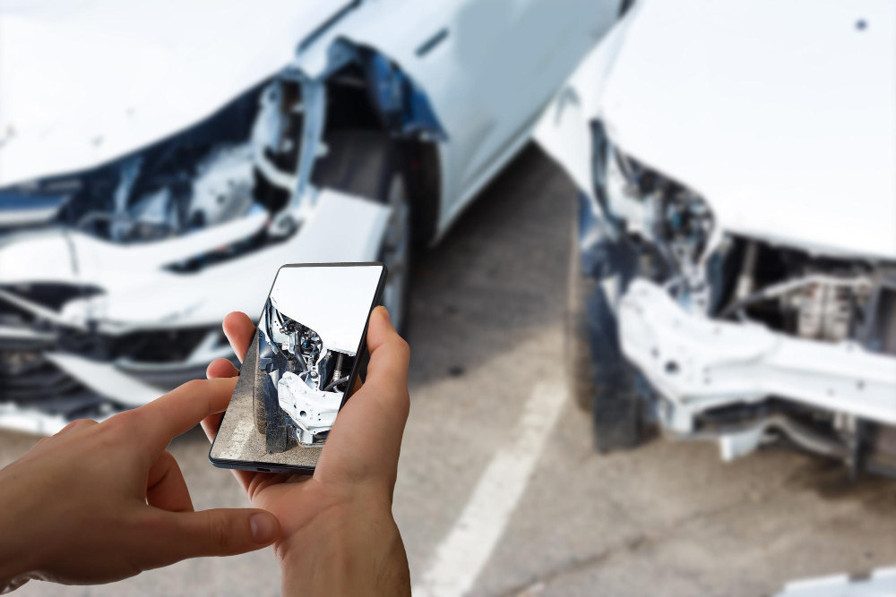closeup of a personal taking a picture of a car accident while her is injured while traveling