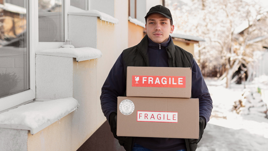 a delivery worker dropping off fragile boxes trying to avoid workplace injuries